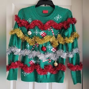 Festive Christmas Green Sweater with Tinsel Accents